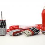 Red Iphone Charger Set With Black And Silver Zebra..