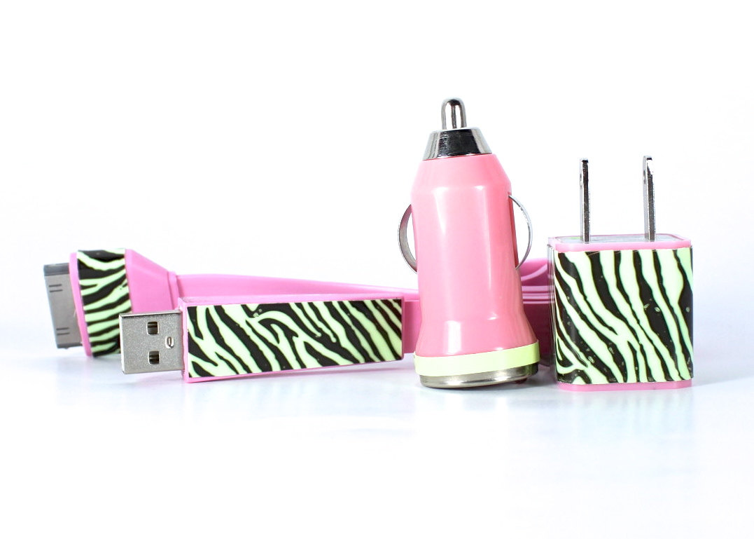 Iphone 4/4s Charger - Zebra Glow In The Dark Flat Noodle Iphone Charger (pink)