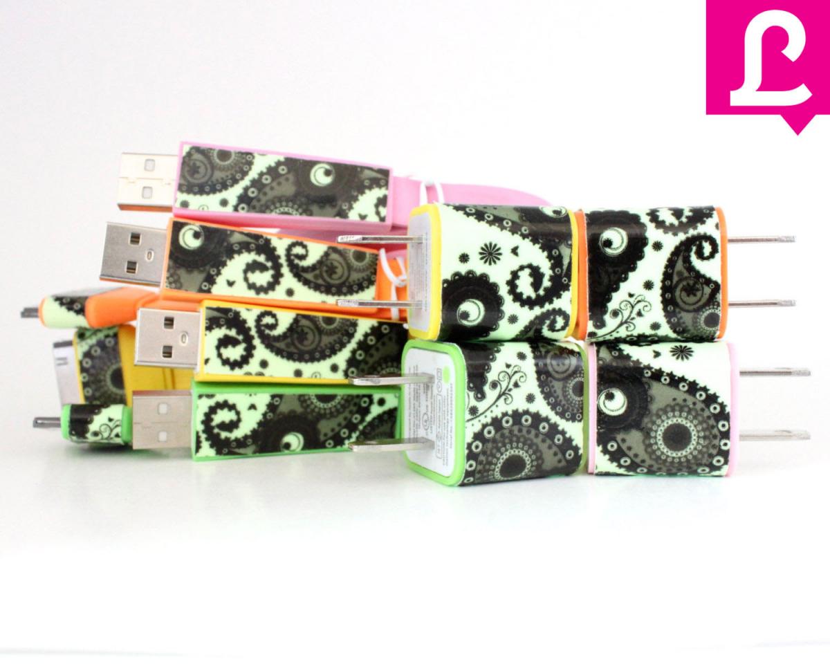 Iphone 4/4s Charger - 3-in-1 Paisley Glow In The Dark Flat Noodle Iphone Charger (various Colors)