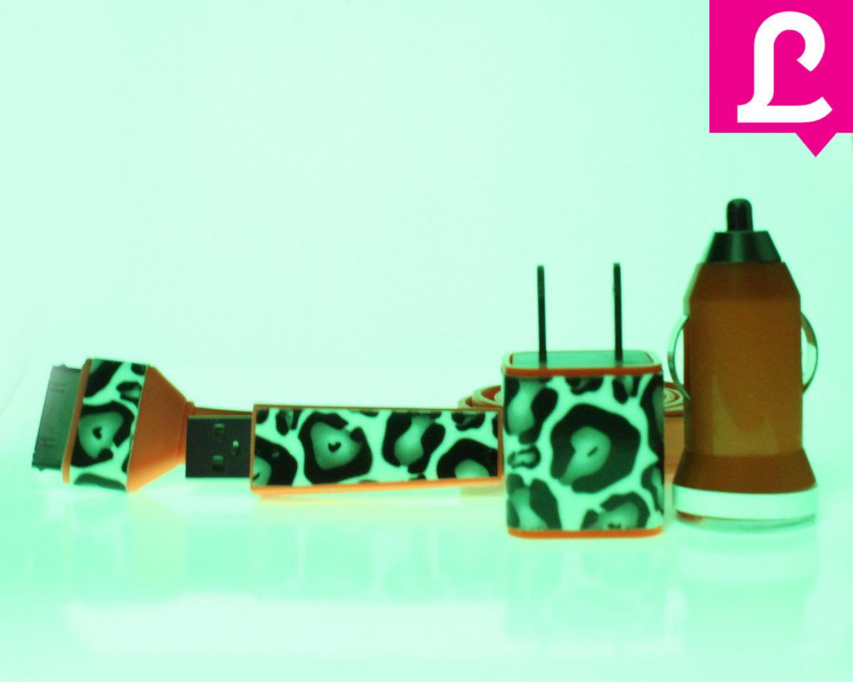 Glow In The Dark Iphone Charger - 3-in-1 Cheetah Leopard Glow In The Dark Orange Iphone 4 4s Charger W/ Flat Iphone Cable