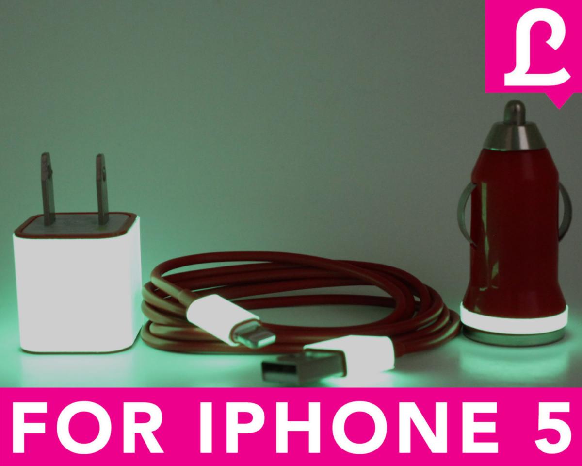 Glow In The Dark Iphone 5 Charger - 3-in-1 Glow In The Dark Red Iphone Charger - Ipad Mini Charger - Ipod Charger