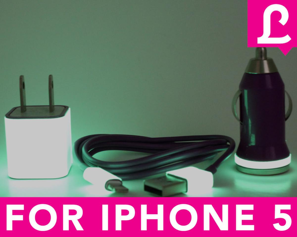Glow In The Dark Iphone 5 Charger - 3-in-1 Glow In The Dark Purple Iphone Charger - Ipad Mini Charger - Ipod Charger