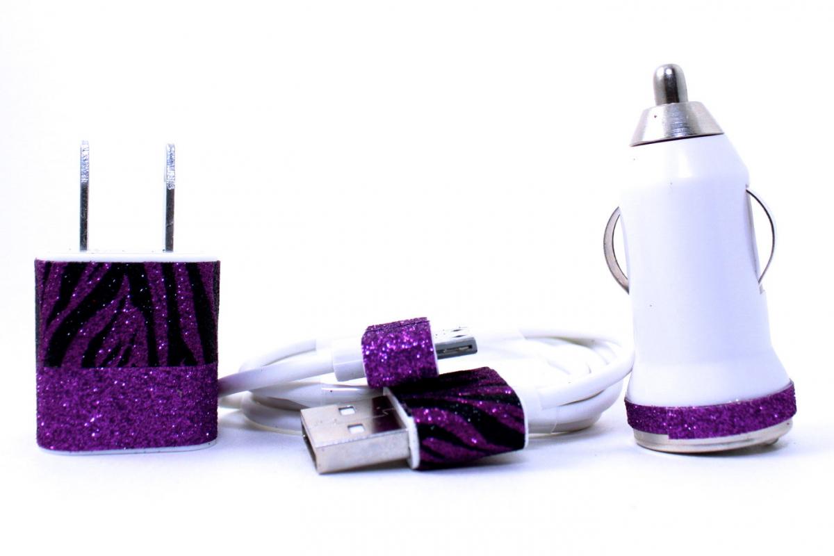 Iphone Charger - Zebra And Purple Glitter Wall And Car Charger