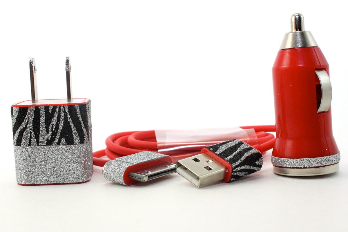 Red Iphone Charger Set With Black And Silver Zebra Print Trim - Ipod And Ipad Compatible