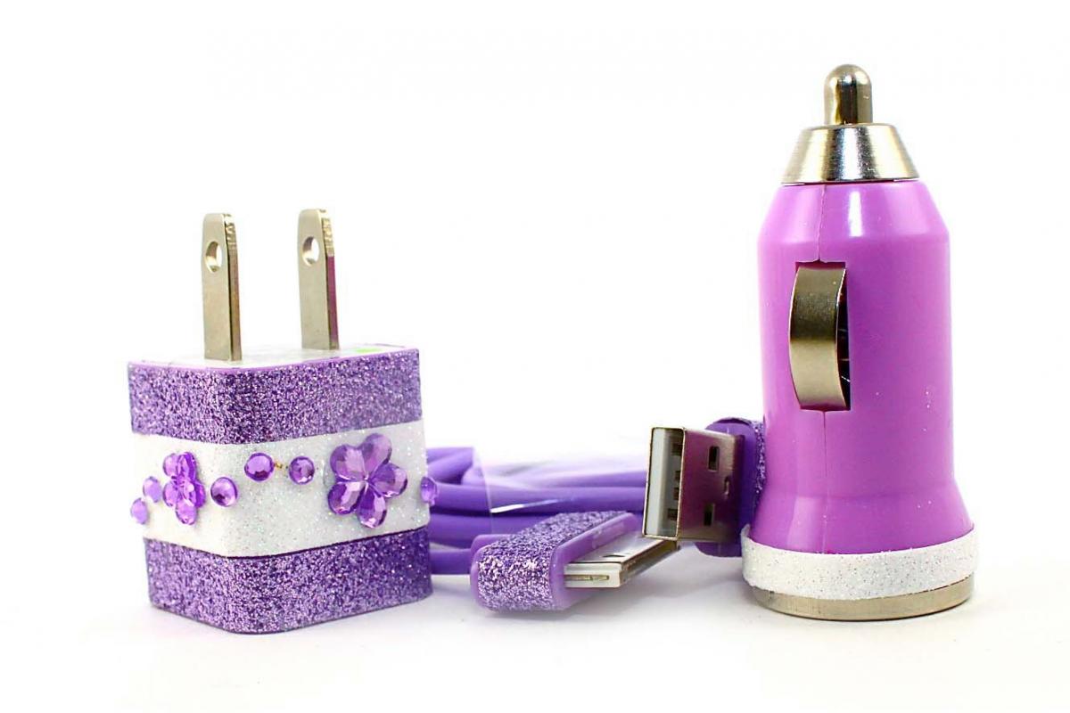 Ready To Ship Purple & White Iphone Car Charger, Wall Charger And Cable For Iphone