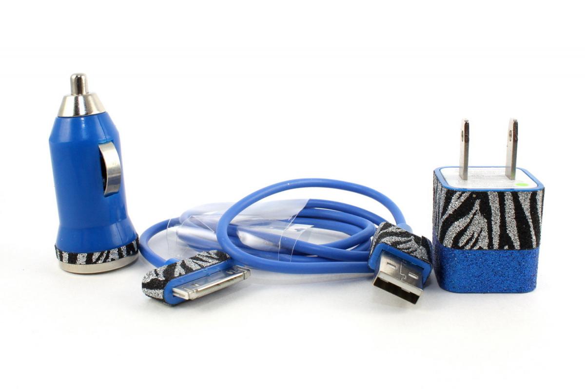 Blue & Silver Iphone Car Charger, Wall Adapter And Usb Data Cord