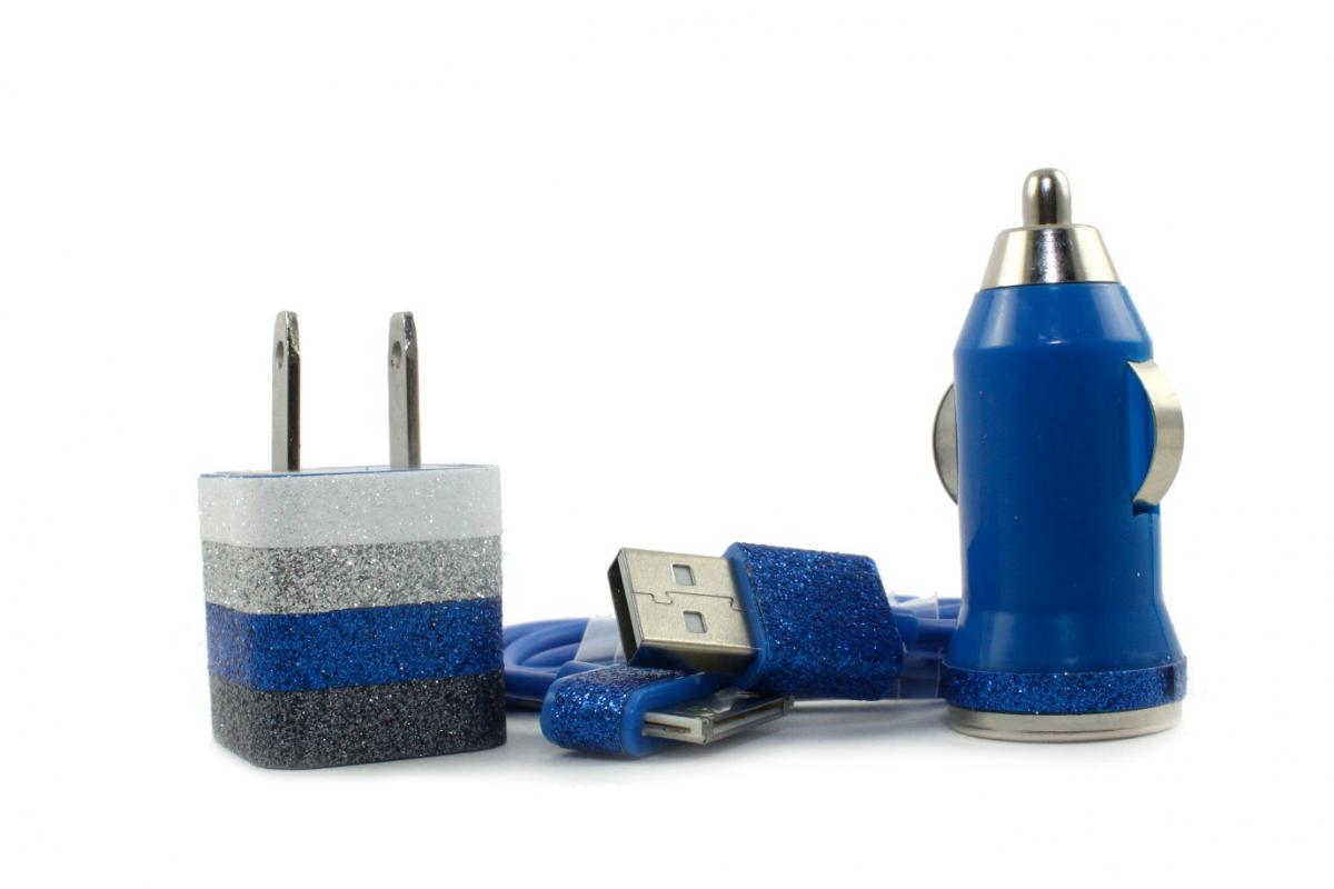 Glitter Iphone Charger - Blue Stripes - Includes Usb Cable, Wall & Car Charger