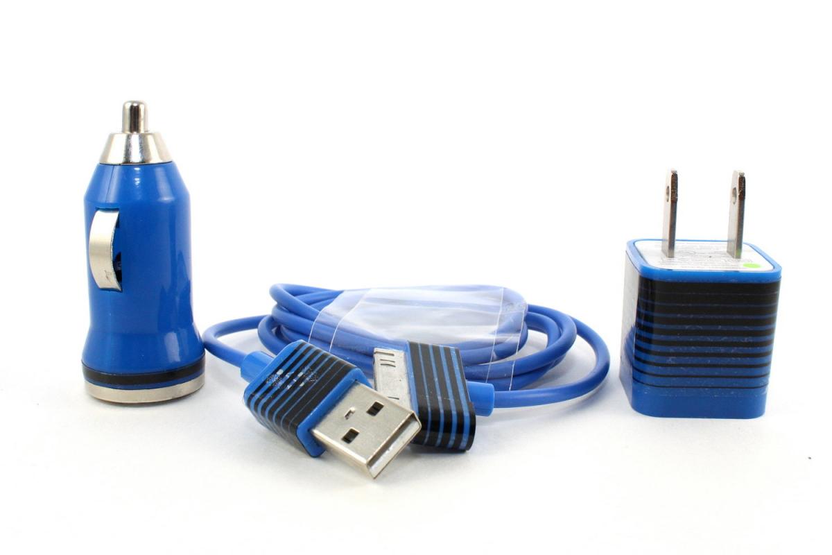Blue Stripes Iphone Charger - Includes Cable, Wall Adapter & Car Charger