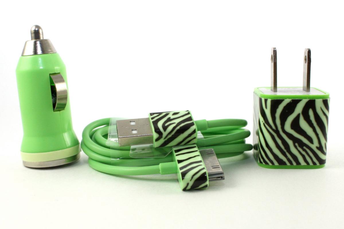Zebra Print Glow In The Dark Iphone Car Charger, Wall Adapter And Cable