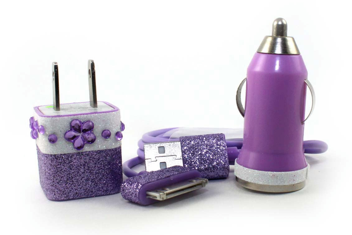 Tropical Island Inspired Purple And White Iphone Charger Set - Also Compatible With Ipads And Ipods