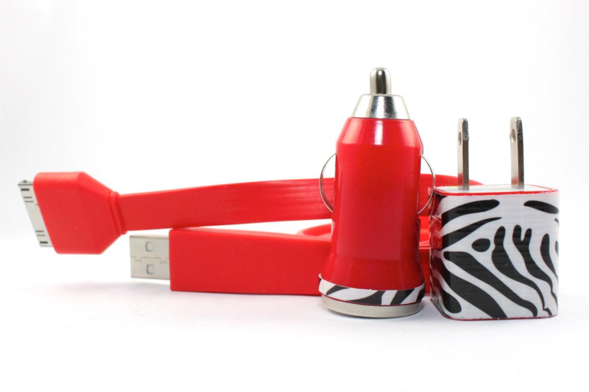 Zebra Print Red Iphone Charger - Extra Long 10 Feet Flat Cable