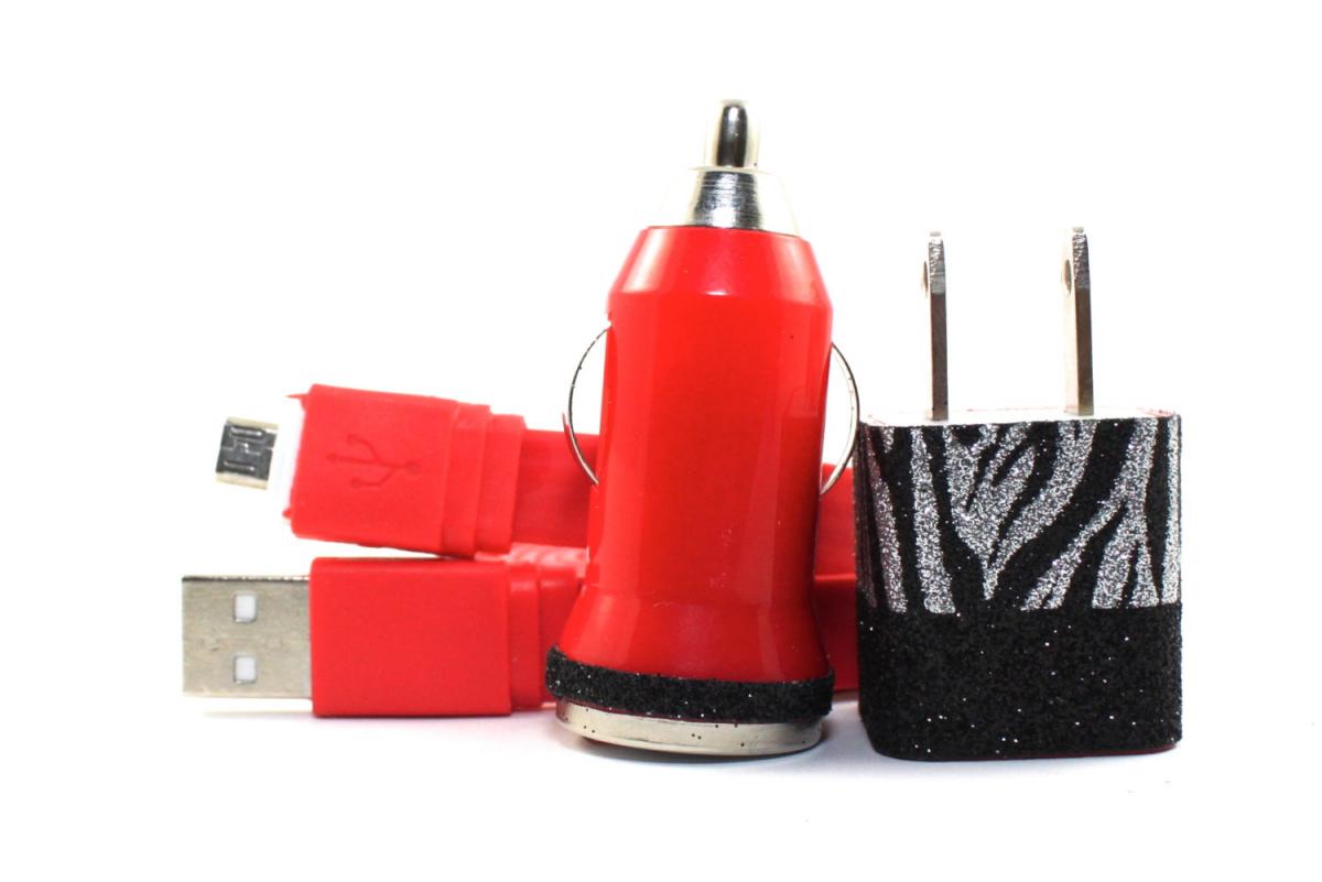 Red Mobile Phone Micro Usb Charger With Black And Silver Zebra Print Trim For Android Devices