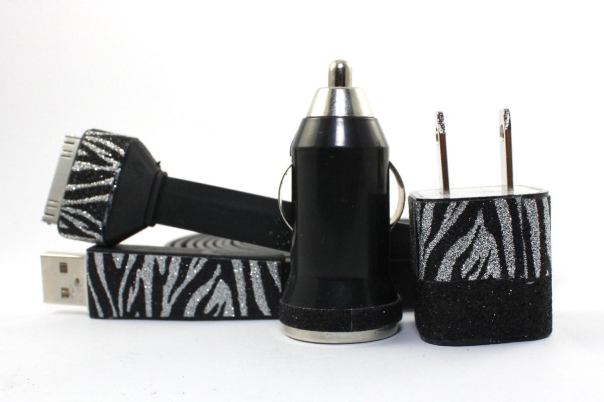 Glitter Zebra Print And Black Iphone Charger - Extra Long - 10 Feet Cable