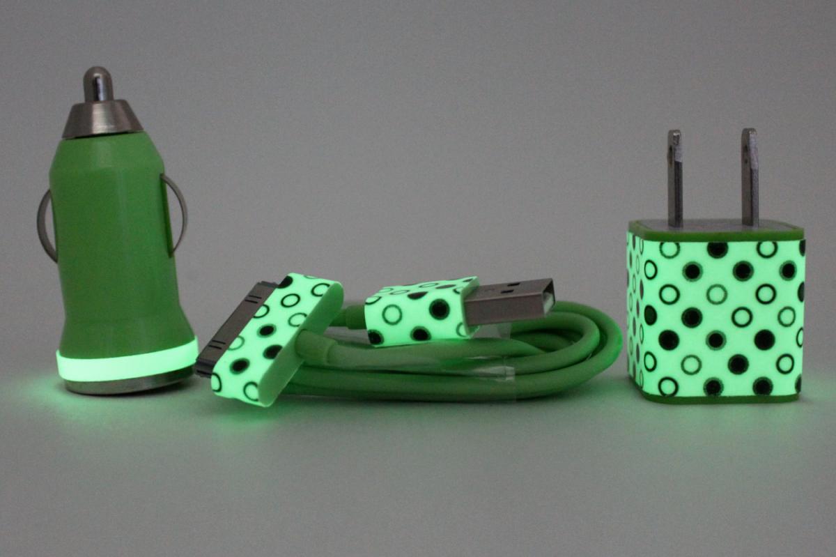 Iphone Travel / Car Charger & Wall Adapter In Green Polka Dot Print Trim